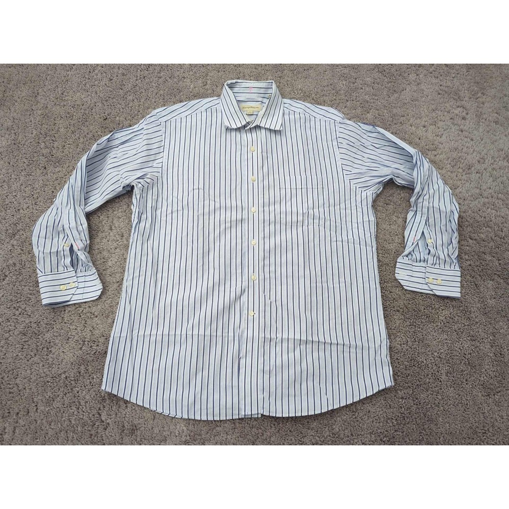 Tommy Bahama Button Up Shirt Mens 16 Blue Striped Long Sleeve Preppy Casual
